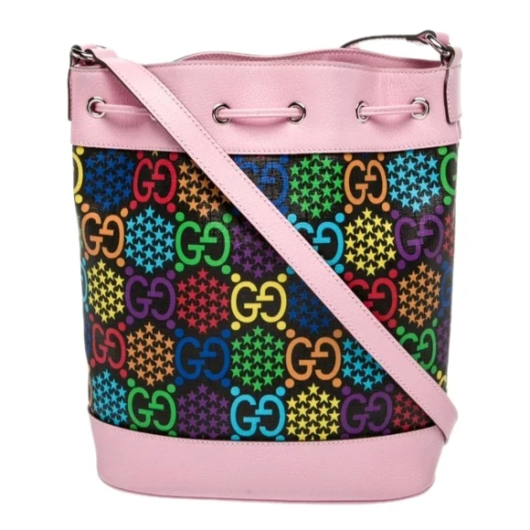 Gucci Psychedelic Multicolor Print Bucket Bag Pink with Drawstring (EUC) - Picture 3 of 16